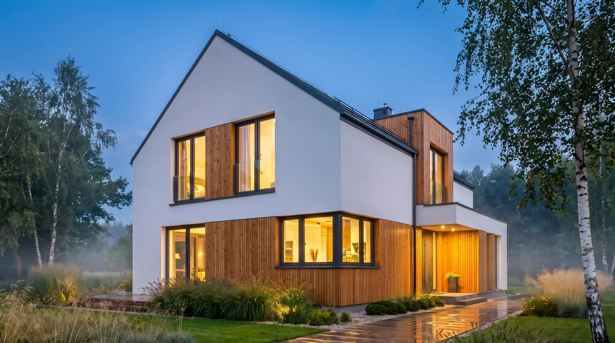 Basic 02 Stadtvilla mit Satteldach als Twilight-Architekturvisualisierung